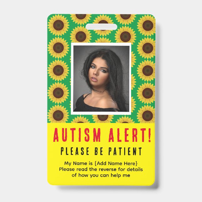 Green Sunflower Autism Alert Photo ID and NEEDS  Badge (Front)