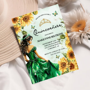 Green Sunflower Butterfly Princess Quinceañera Invitation