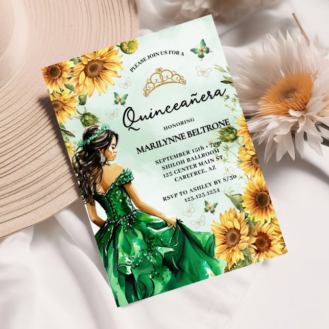Green Sunflower Butterfly Princess Quinceañera Invitation (Creator Uploaded)