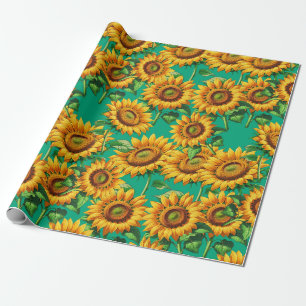 Green Sunflower Floral Cottagecore Pattern Wrapping Paper