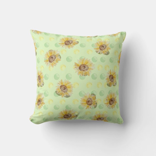 Green Sunflower Polka Dot Throw Pillow (Front)