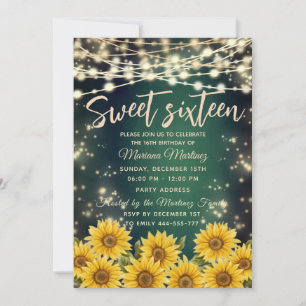 Green Sunflower String lights gold sparkle Invitation