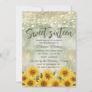 Green Sunflower String lights gold sparkle Invitation