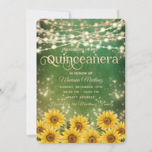 Green Sunflower String lights gold sparkle Invitation