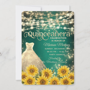 Green Sunflower String lights gold sparkle quince Invitation