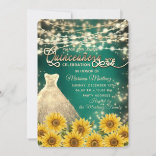 Green Sunflower  String lights gold sparkle quince Invitation