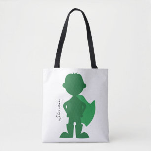 Green Superhero Boy Modern Personalised Silhouette Tote Bag