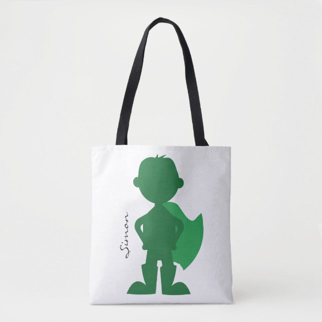 Green Superhero Boy Modern Personalised Silhouette Tote Bag (Front)