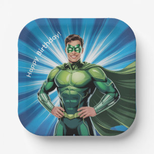 Green Superhero Boys Birthday Party Paper Plate