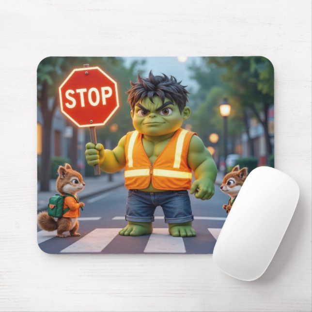 Green Superhero Crossing Guard With Chipmunks Mouse Pad (With Mouse)