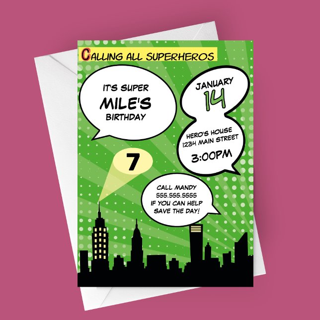 Green Superheros Comic Book Styled Birthday Party Invitation (Green Comic Book Superheros Birthday Party Invitation)