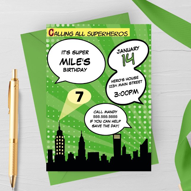 Green Superheros Comic Book Styled Birthday Party Invitation (Creator Uploaded)