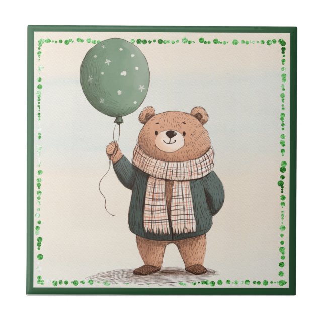 Green Sweater Bear with Fall Plaid Scarf Ceramic Tile (Front)