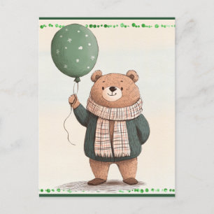 Green Sweater Bear with Fall Plaid Scarf Postcard