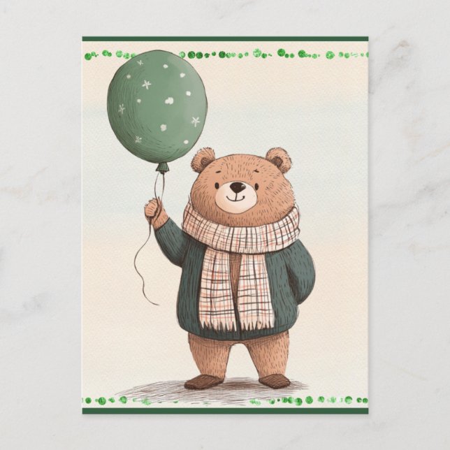 Green Sweater Bear with Fall Plaid Scarf Postcard (Front)