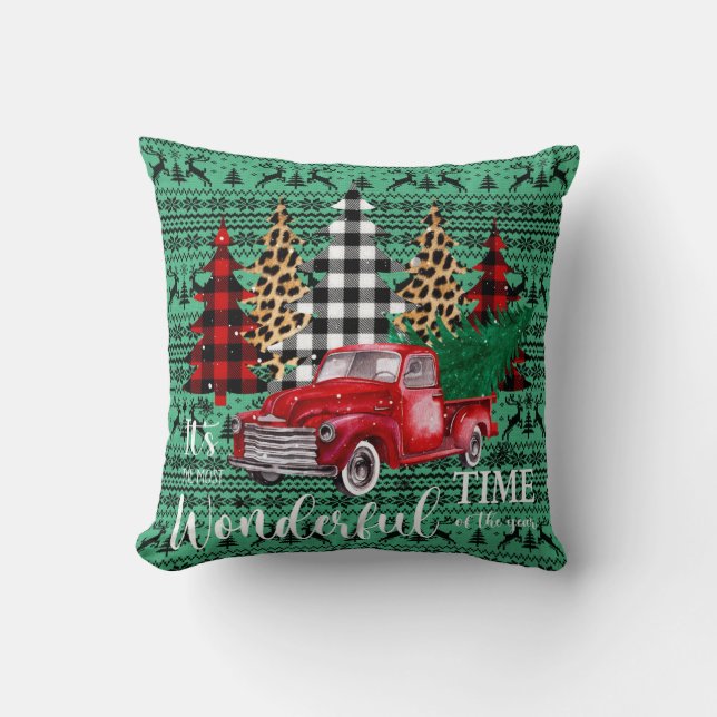 Green Sweater Reindeer Vintage Red Truck Christmas Cushion (Front)