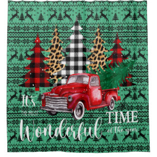 Green Sweater Reindeer Vintage Red Truck Christmas Shower Curtain
