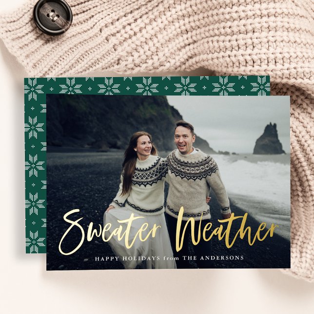 Green Sweater Weather Photo Foil Holiday Card (Creator Uploaded)