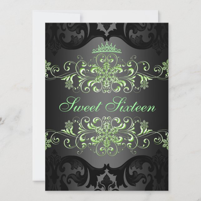 Green Sweet16 Elegant Tiara Damask Birthday Invite (Front)