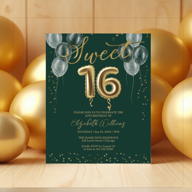 Green Sweet 16 Bday Balloons Budget Invitations (Creator Uploaded)