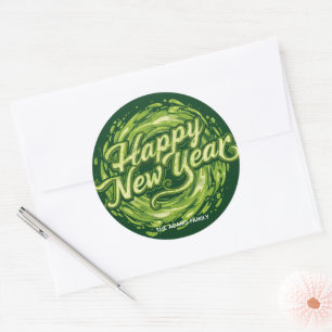 Green swerl Name Happy New Year  Classic Round Sticker