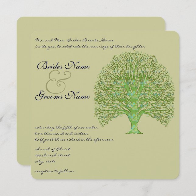 Green Swirl Love Tree Wedding Invitation (Front/Back)