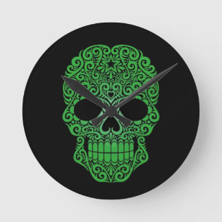Green Swirling Sugar Skull on Black Round Clock
