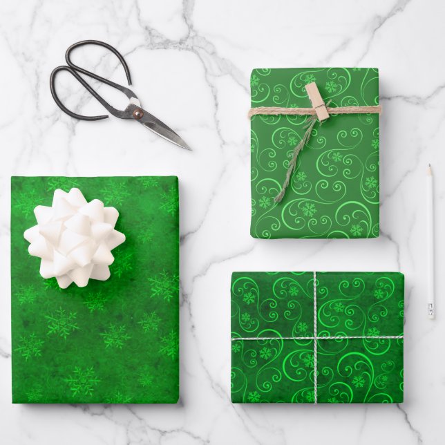 Green Swirls and Snowflakes Wrapping Paper Sheets (Front)