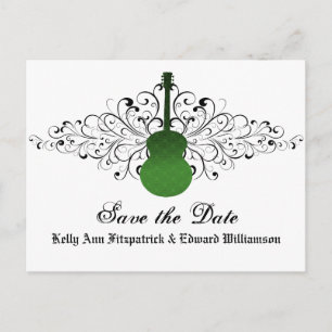 Green Swirls Guitar Save the Date Postcard