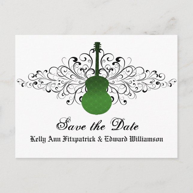 Green Swirls Guitar Save the Date Postcard (Front)