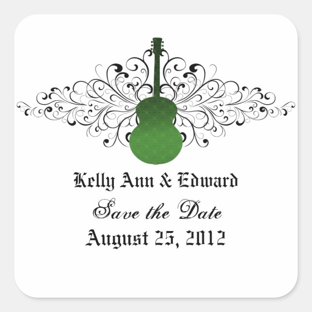 Green Swirls Guitar Save the Date Stickers (Front)