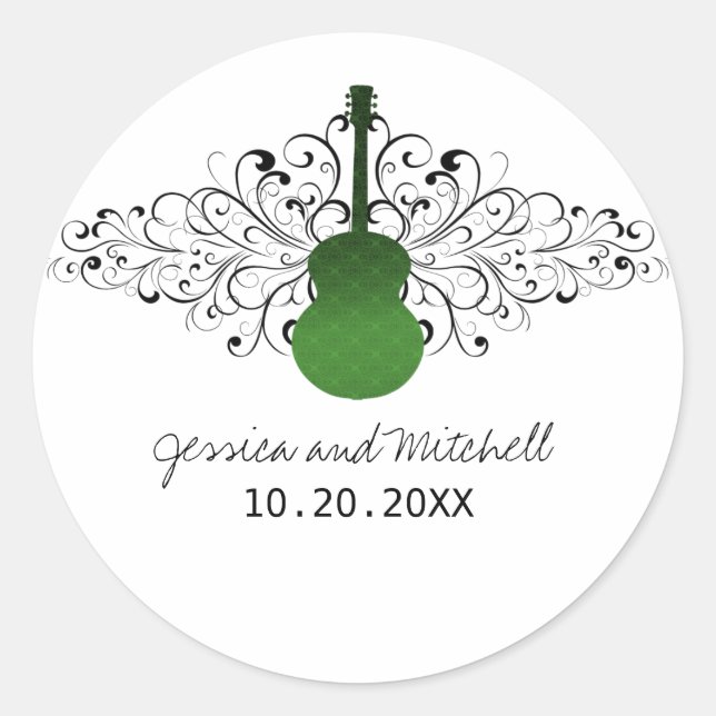Green Swirls Guitar Wedding Stickers (Front)