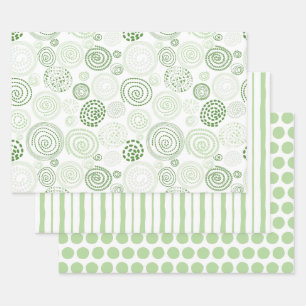 Green Swirls Stripes and Dots  Wrapping Paper Sheet