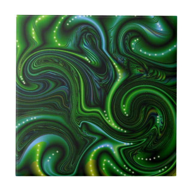 Green Swirly Spotted Abstract Fine Art  Ceramic Tile (Front)