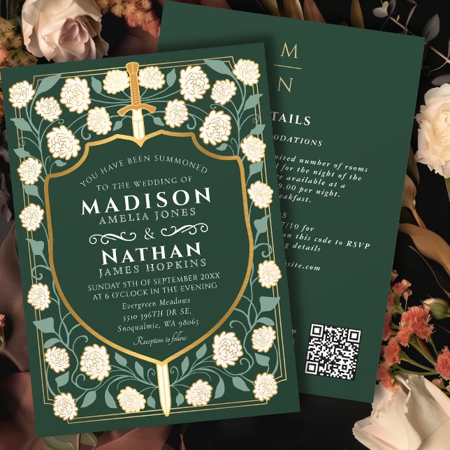Green Sword Shield Fantasy Wedding QR Code Invitation (Creator Uploaded)