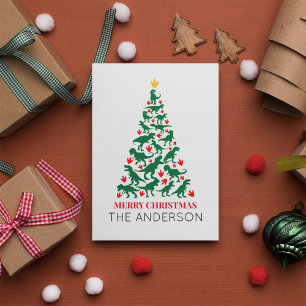 Green T Rex Christmas Tree Red Paw Postcard