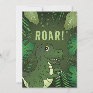 Green T-rex Dinosaur With Roar Text Birthday Party Invitation