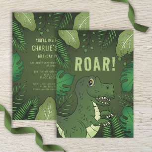 Green T-rex Dinosaur With Roar Text Birthday Party Invitation