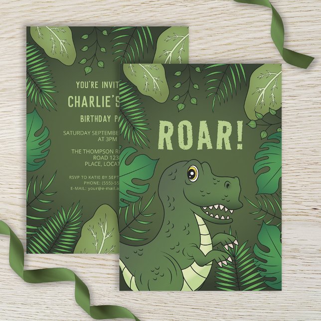 Green T-rex Dinosaur With Roar Text Birthday Party Invitation (Creator Uploaded)