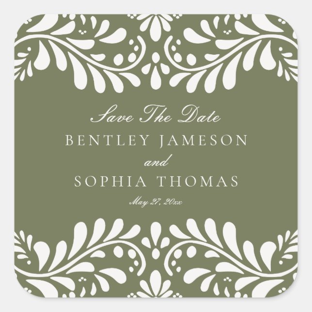 Green Talavera Tile Fiesta Save the Date Envelope Square Sticker (Front)