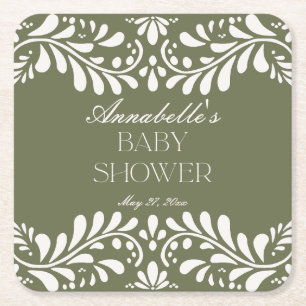 Green Talavera Tile Spanish Fiesta Baby Shower Square Paper Coaster
