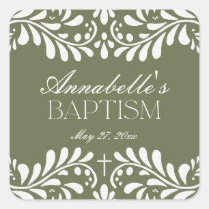 Green Talavera Tile Spanish Fiesta Baptism Favour Square Sticker