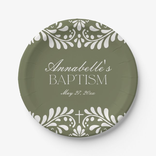 Green Talavera Tile Spanish Fiesta Baptism Paper Plate (Front)