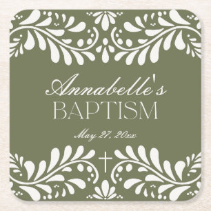 Green Talavera Tile Spanish Fiesta Baptism Square Paper Coaster