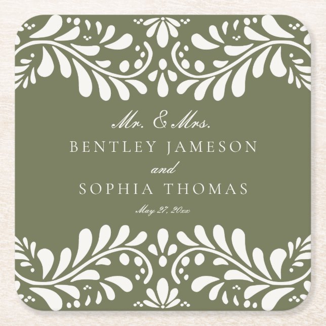 Green Talavera Tile Spanish Style Fiesta Wedding Square Paper Coaster (Front)