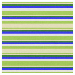Green, Tan, Dark Green, Blue & White Lines Fabric