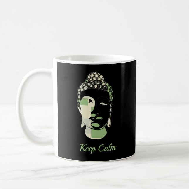 Green & Tan Squares hand drawn buddha silhouette Coffee Mug (Left)