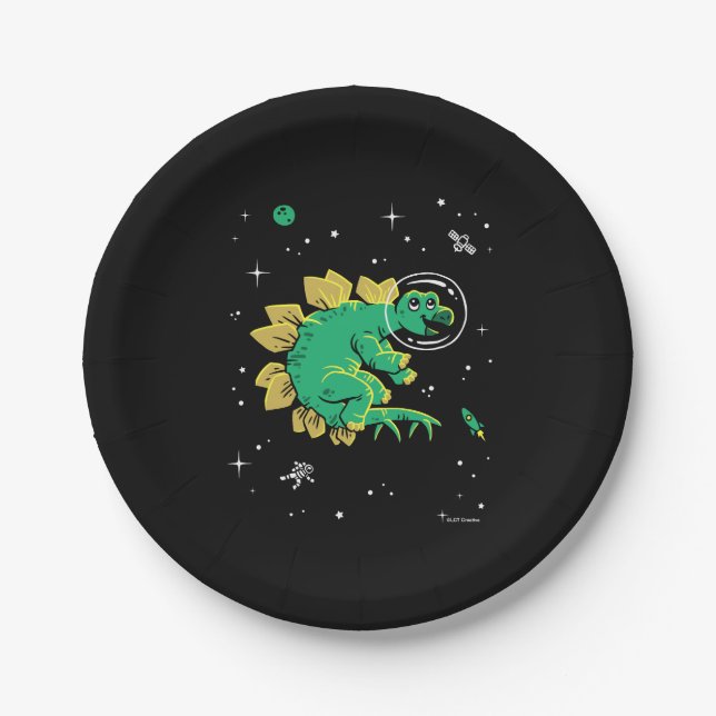 Green Tan Stegosaurus Dinos In Space Paper Plate (Front)