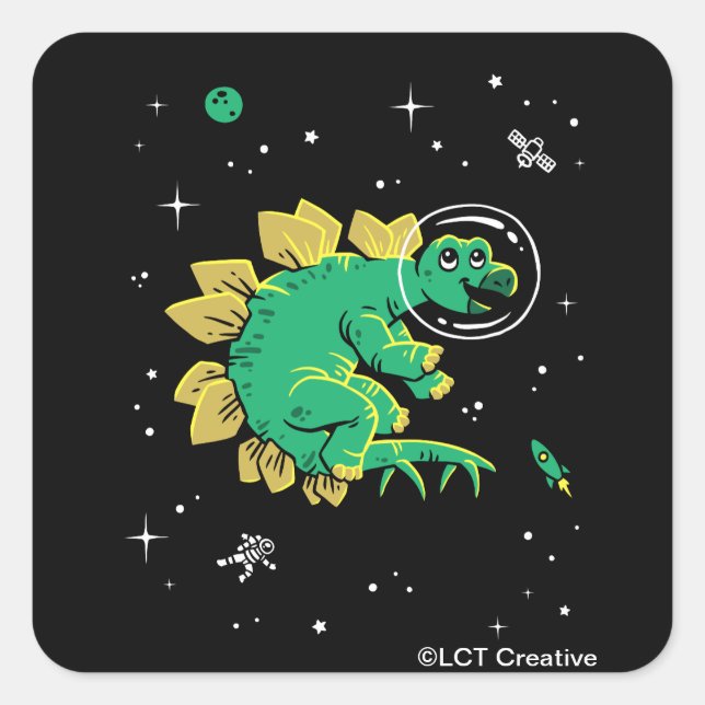 Green Tan Stegosaurus Dinos In Space Square Sticker (Front)