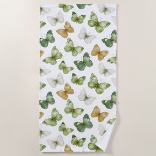 Green Tan White Butterflies Beach Towel